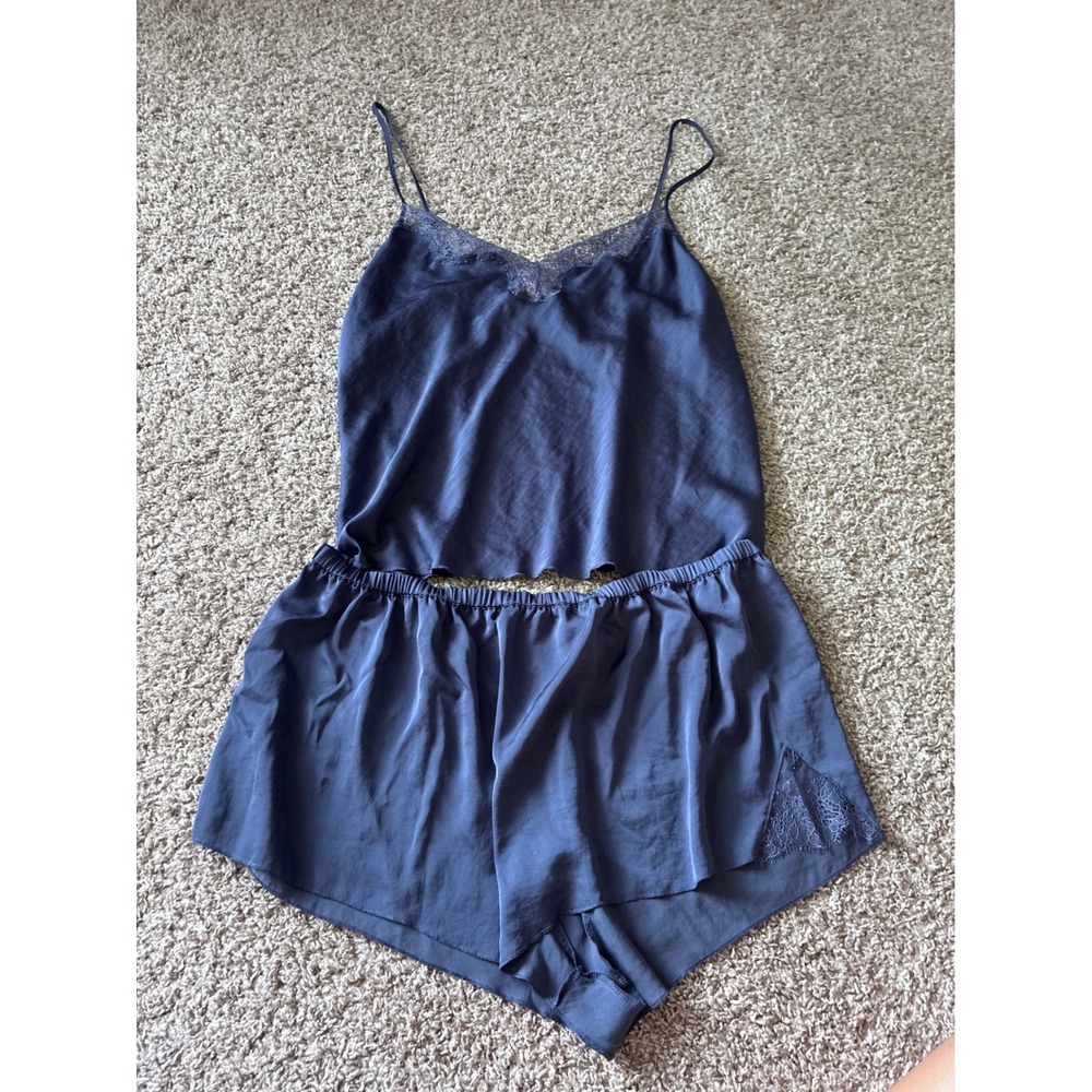 Victoria's Secret Blue Satin Lace Trim Cami and Short Pajama Set XL